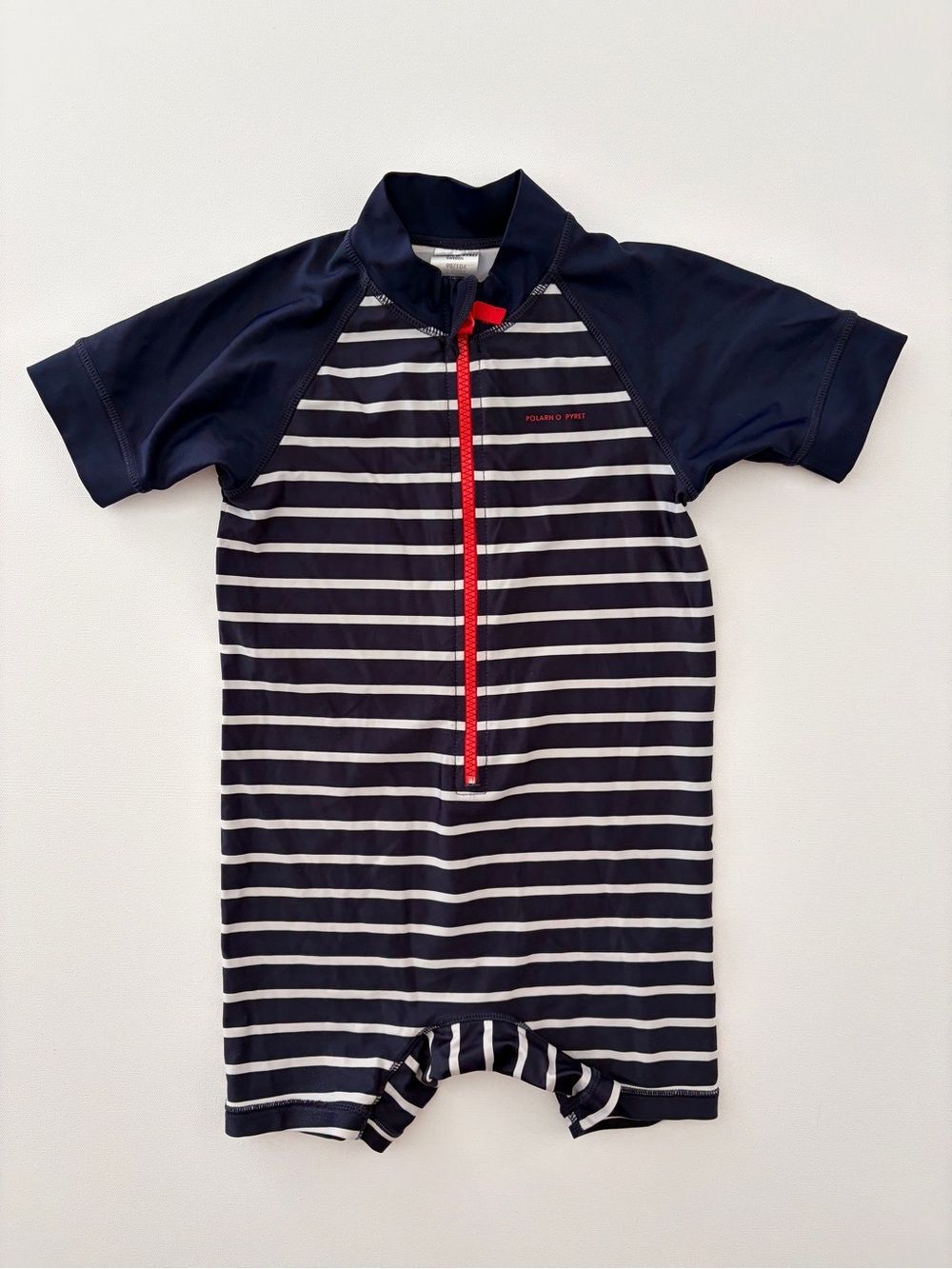 Polarn O. Pyret 2-4y Navy and White Striped One-Piece Swim Romper with Red Zip